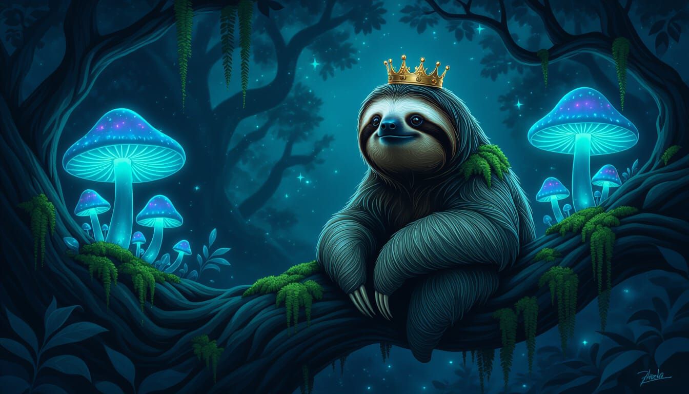 Ancient Sloth King in Enchanted Bioluminescent Forest