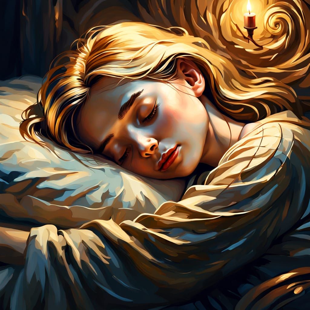 Woman Asleep in Dark Room with Golden Light