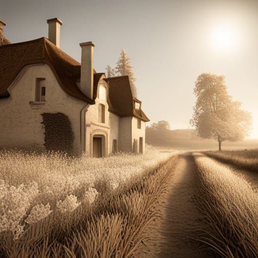 Sepia French Farm Fields in Detailed Matte Painting