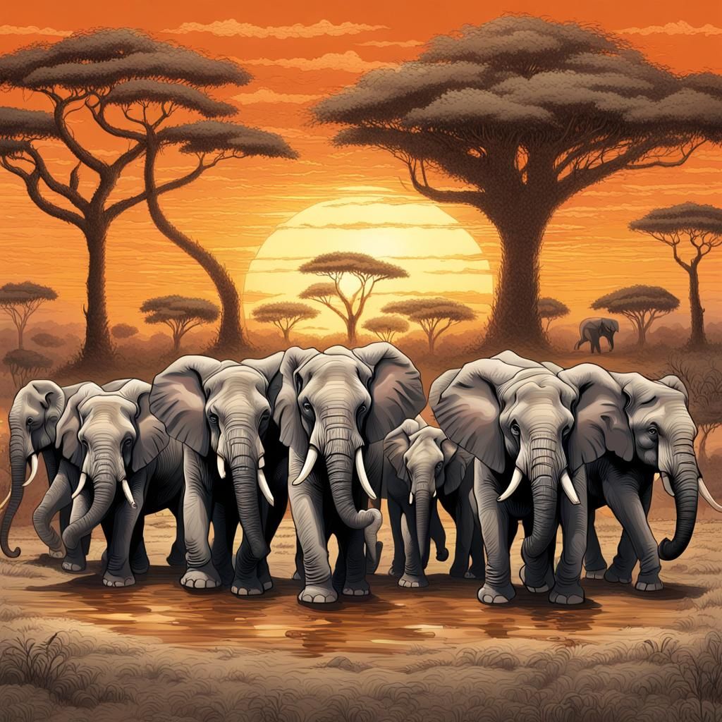 Elephants Herd in the Sabana Sunset