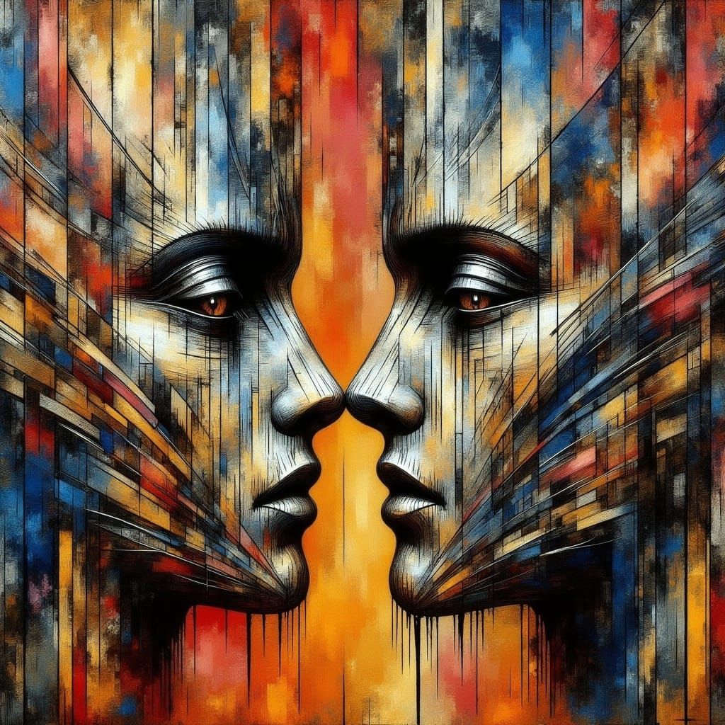 Layered Metallic Portraits in Distressed Industrial Setting