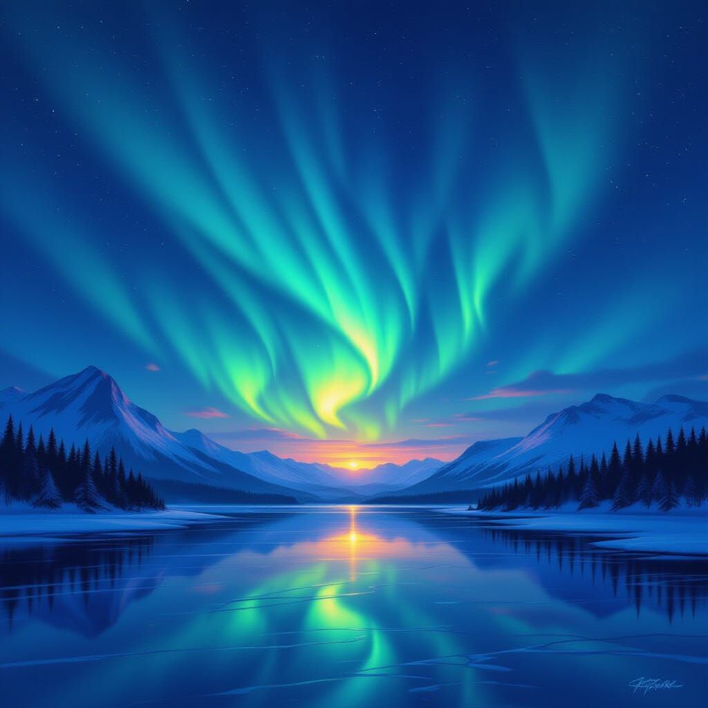 Aurora Borealis Over Frozen Lakes and Mountains
