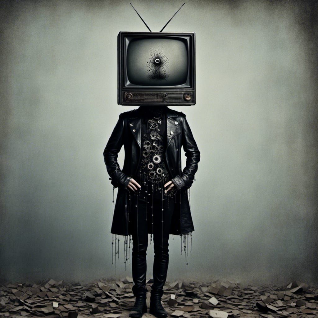 Gothic Man with TV Head in Leather