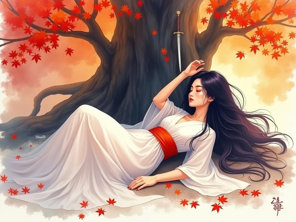 Ethereal Woman Sleeping by Maple Tree: Watercolour Art