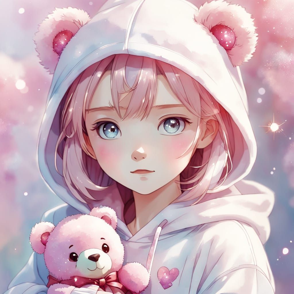Kawaii Anime Lady with Pink Teddy in Soft Focus