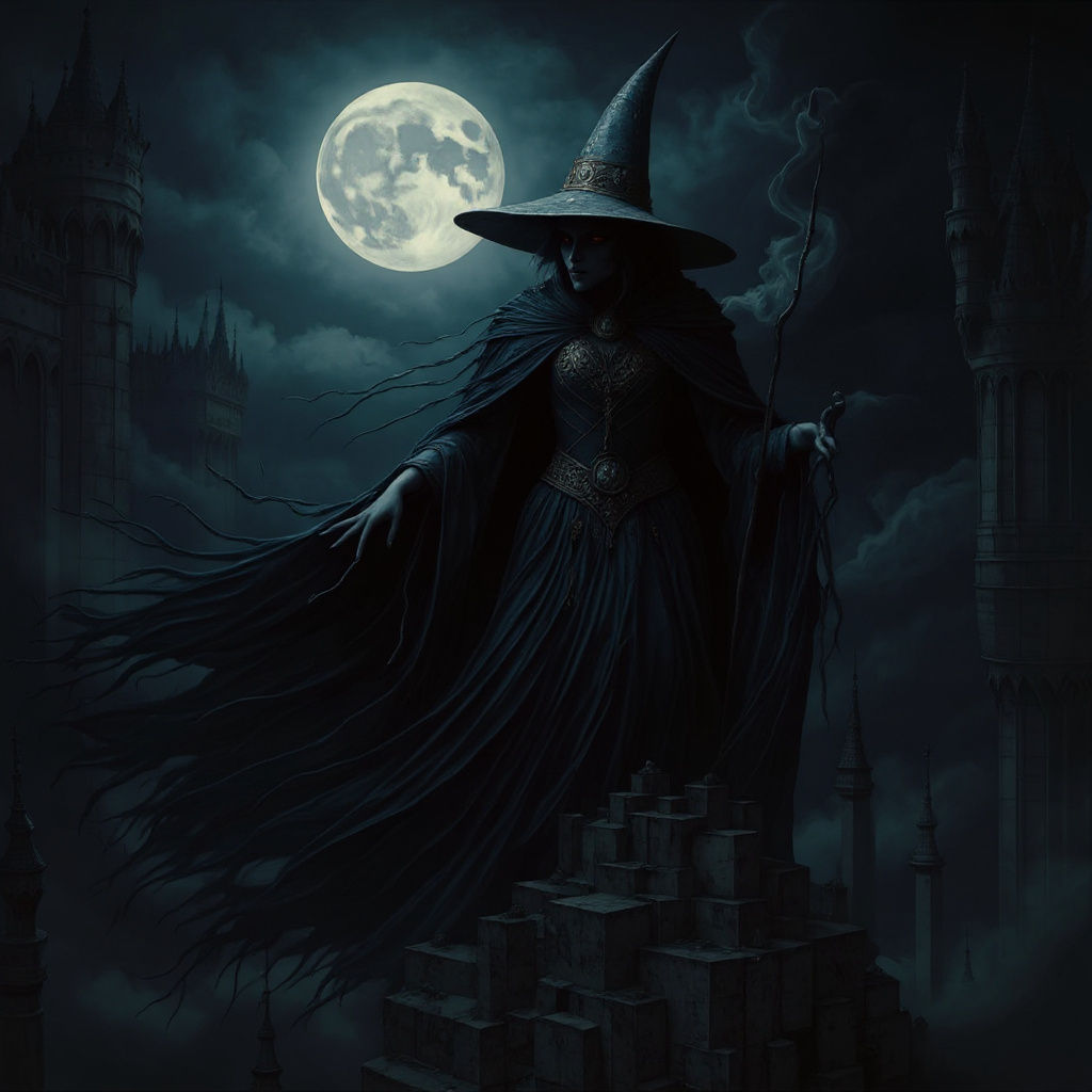 Majestic Vampire Eagle on Castle Tower Under Full Moon