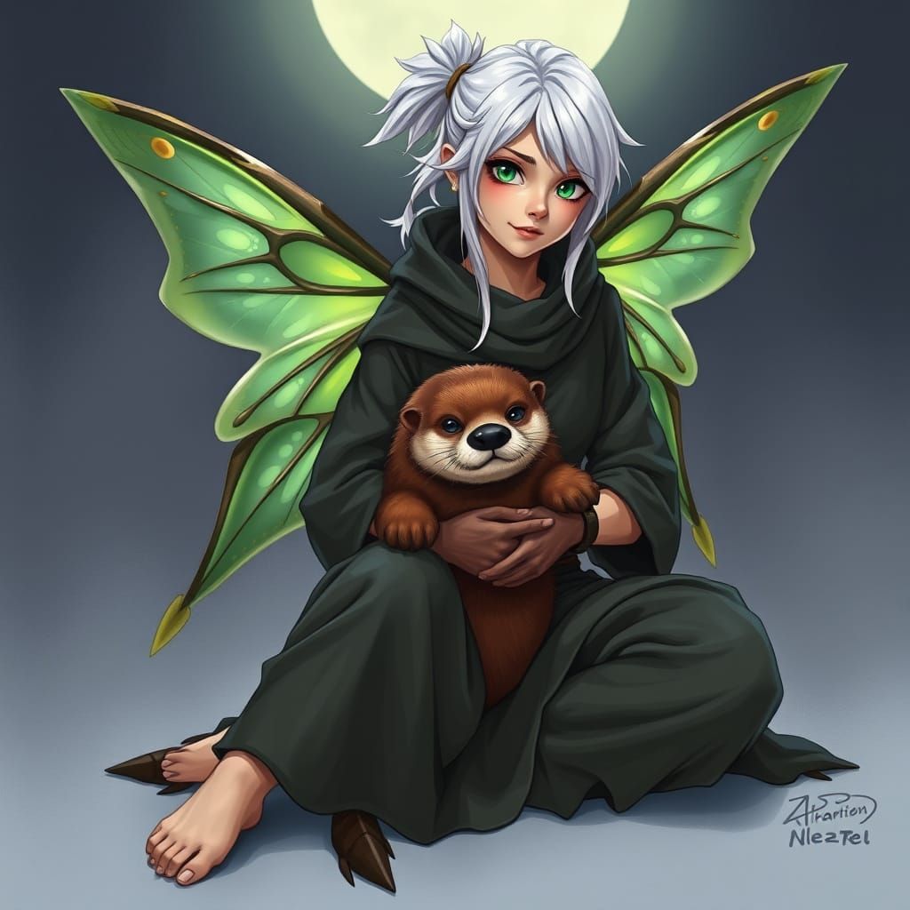 Fairy Ninja Goddess with Luna Moth Wings and Sea Otter Compa...
