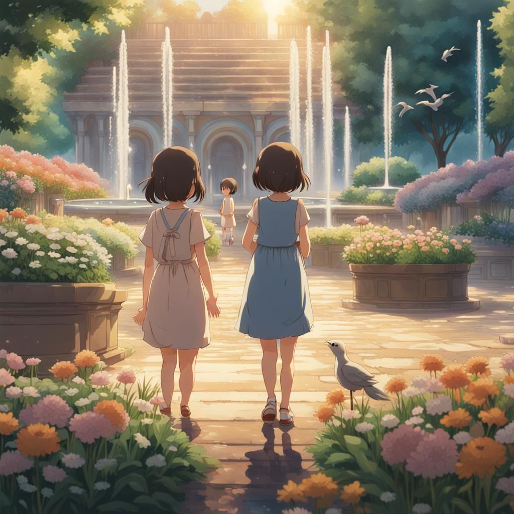 Sisters in Flower Garden: Studio Ghibli Anime