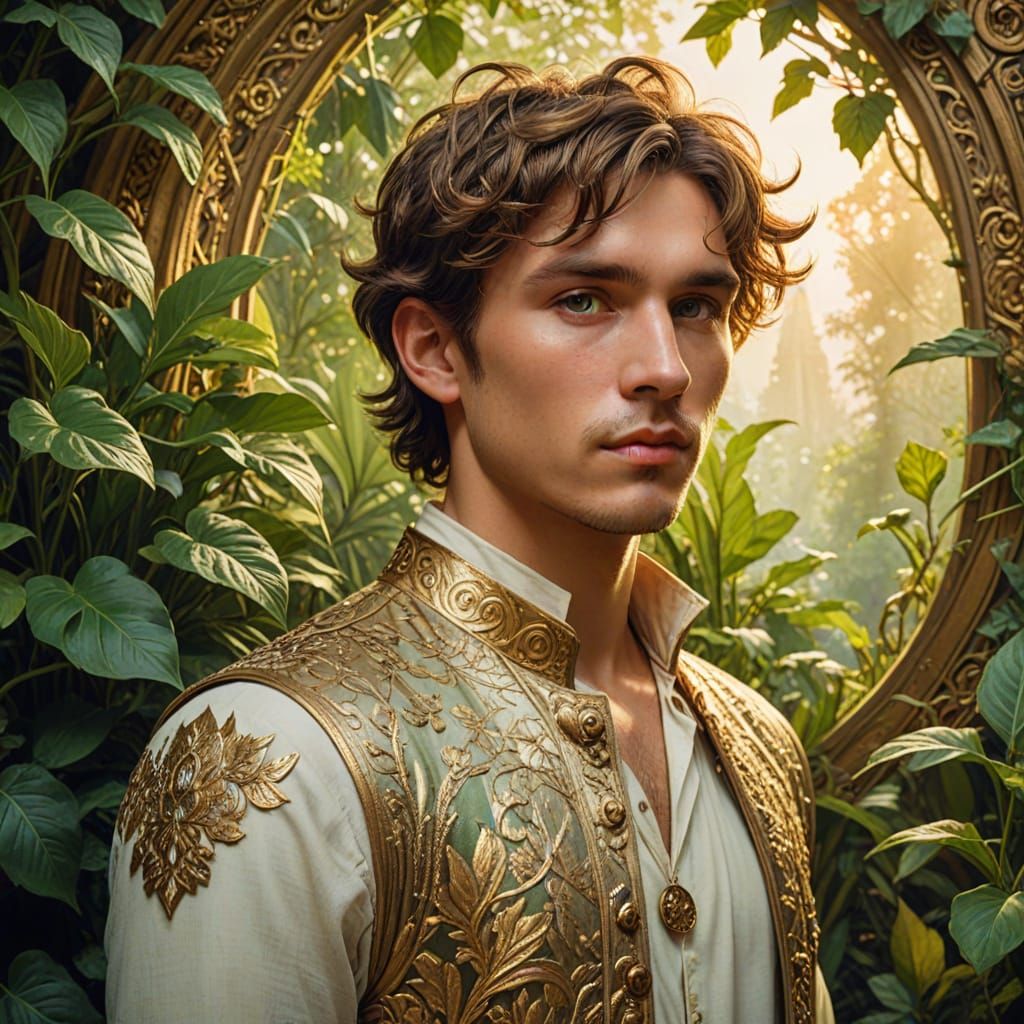 Mystical Realm Explorer in Alphonse Mucha Style