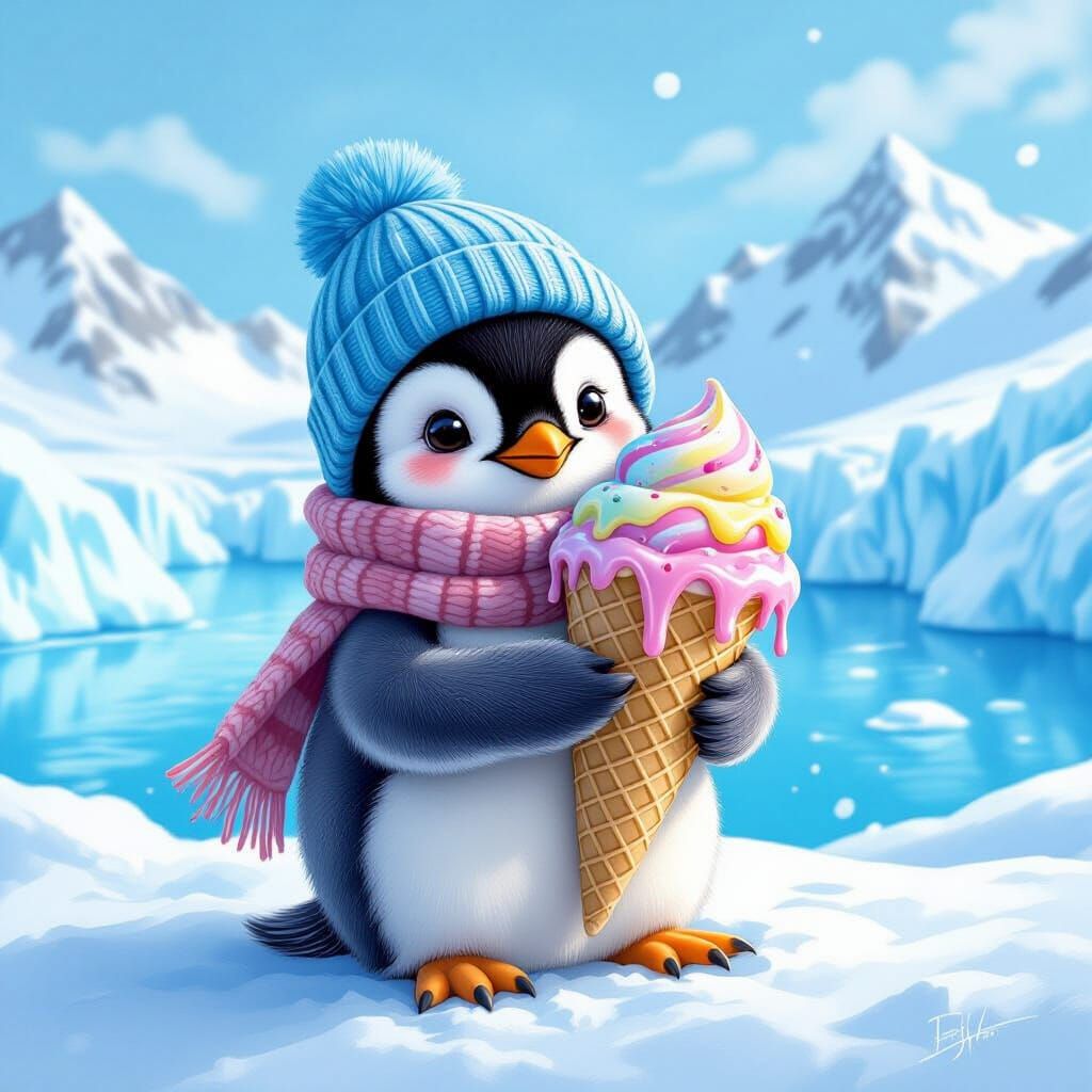 Penguin with Ice Cream in Futuristic Watercolor Landscape
