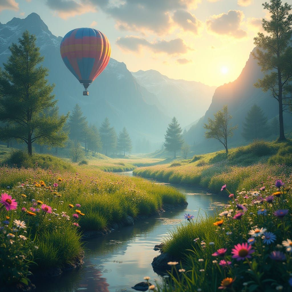 Serene Morning Meadow with Vibrant Hot Air Balloon