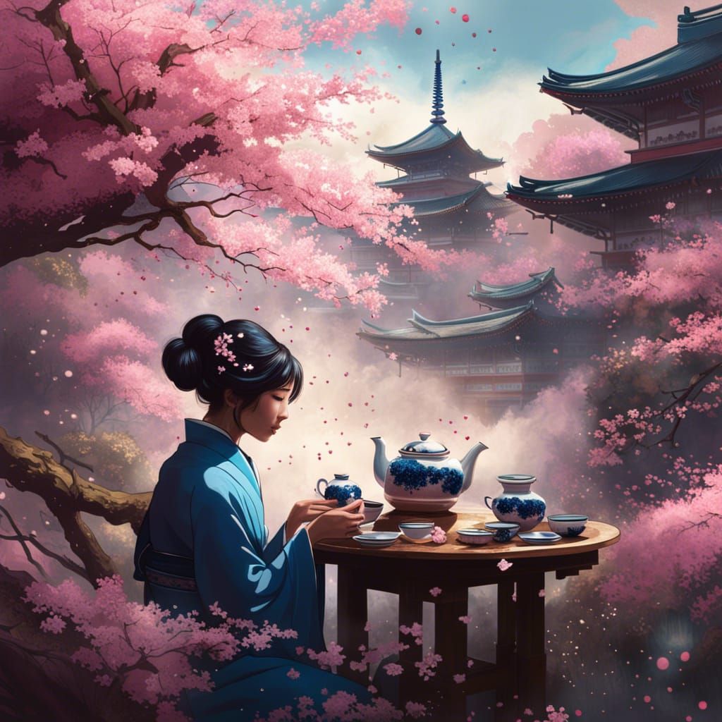 Japanese Tea Ceremony with Cherry Blossoms, Splash Art