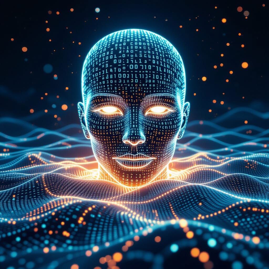 Ghostly AI Face in Digital Runes