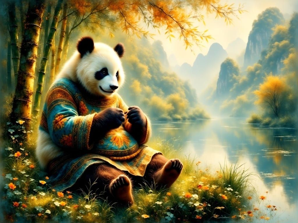Chinese Panda Knitting in Whimsical Bamboo Forest
