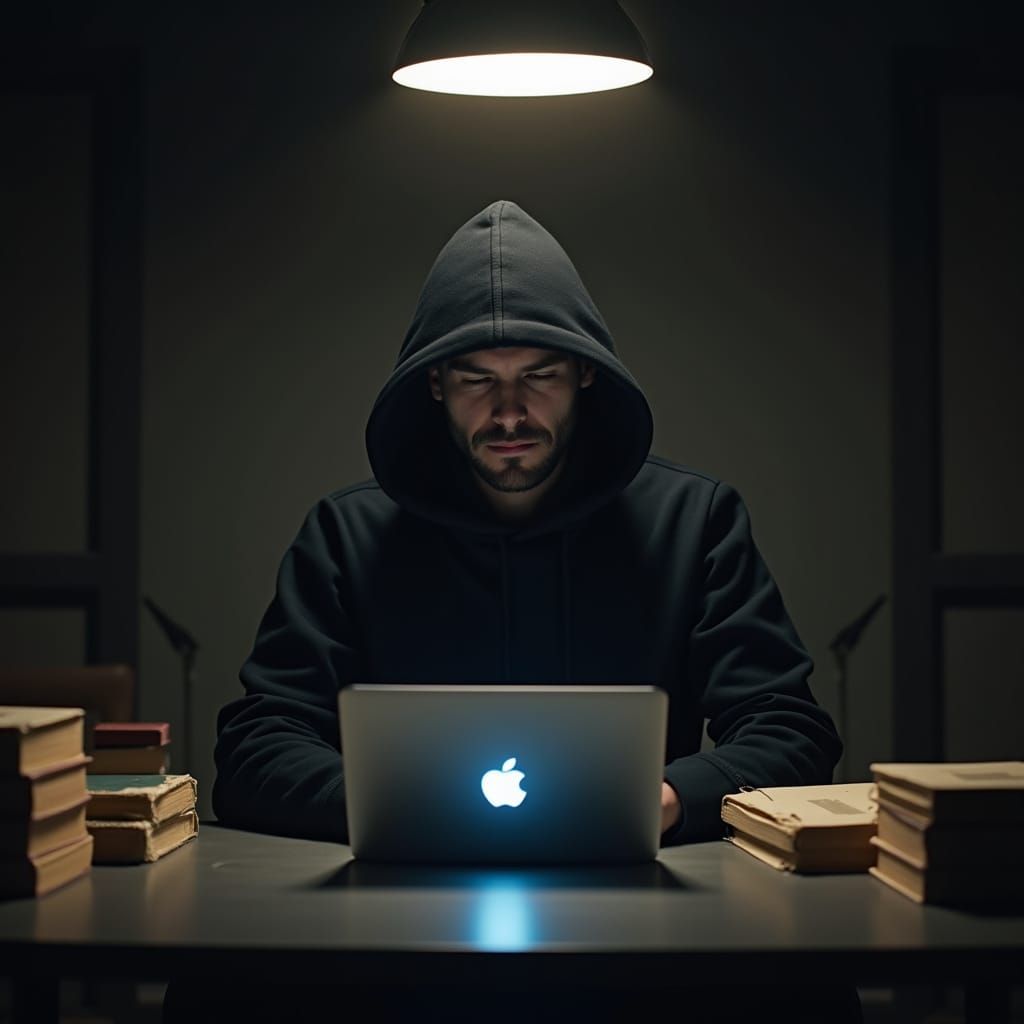 Man in Shadows, Surrounded by Finance Textbooks, in a Dimly ...