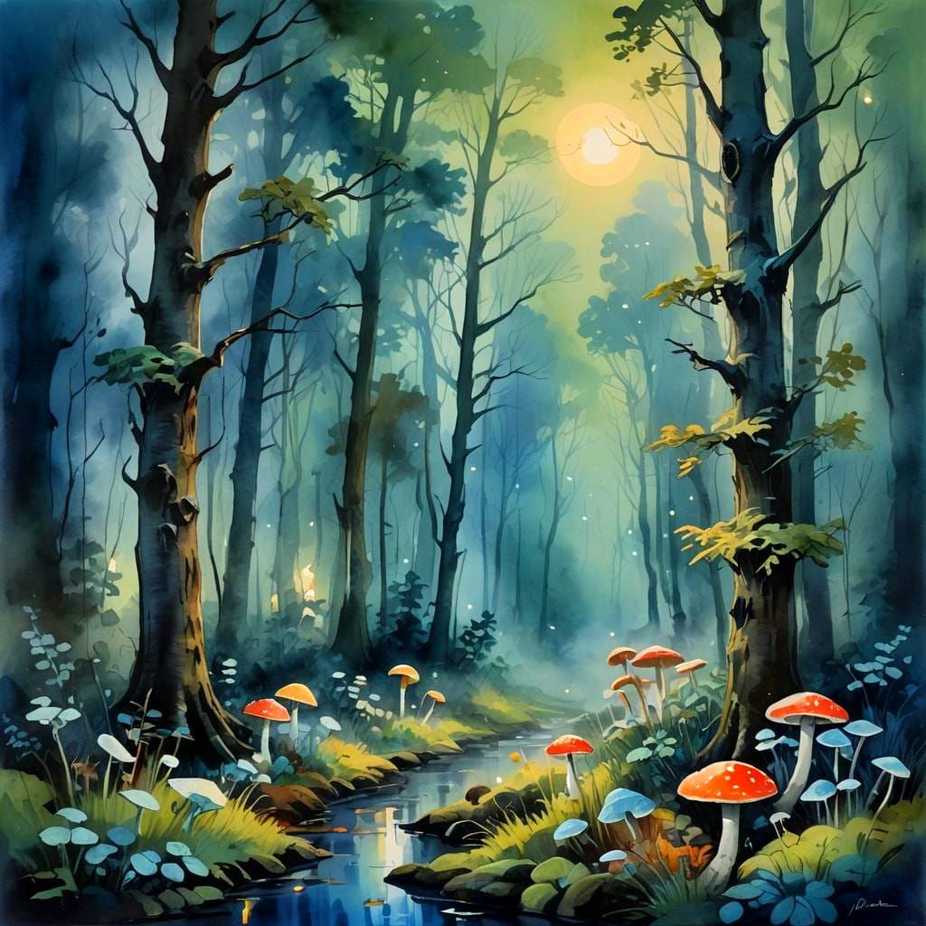 Mystical Moonlit Forest in Thick Gouache Impressionist Style