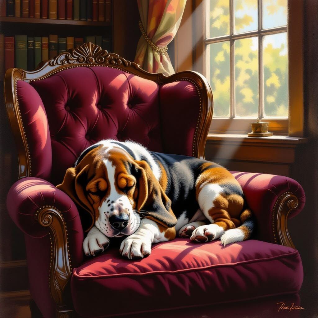 Sleepy Basset Hound on Velvet Armchair, Impressionistic Pain...