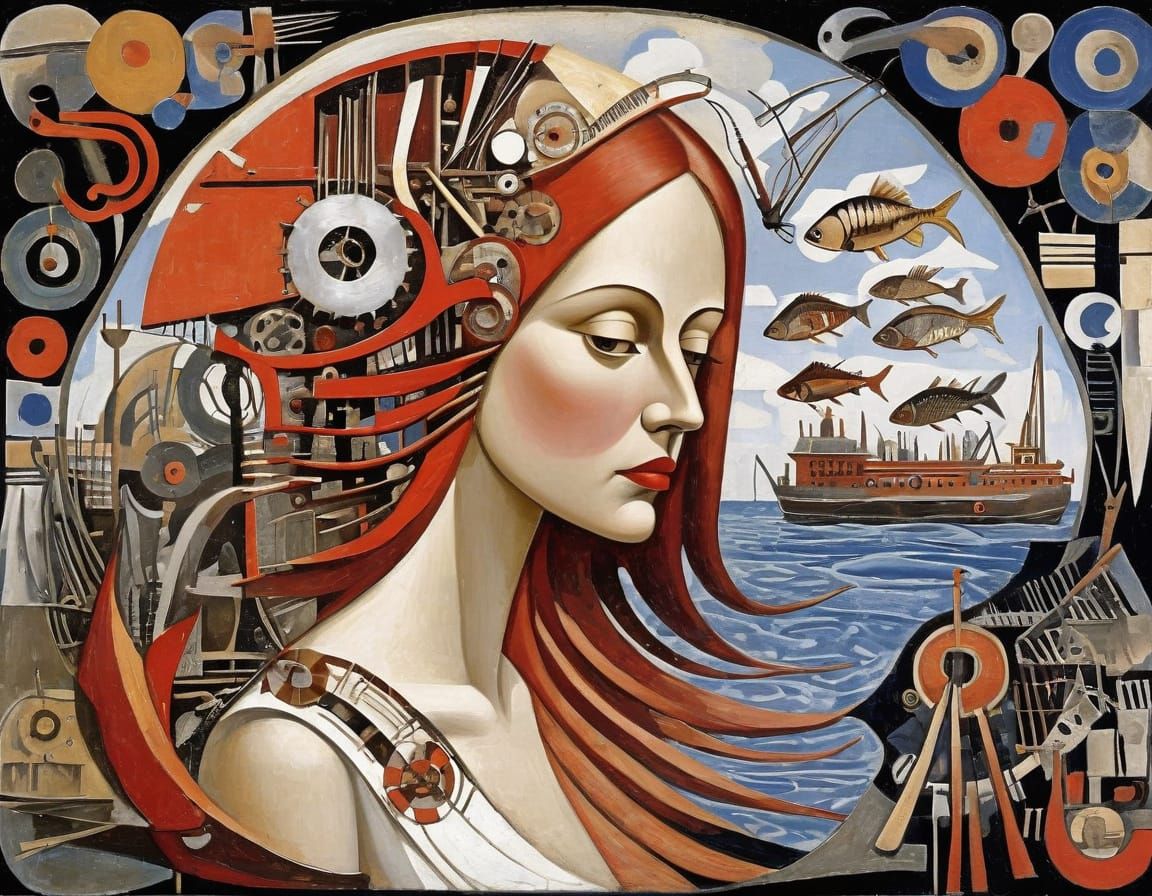 Constructivist Harp from Fish Bones, Industrial Assemblage