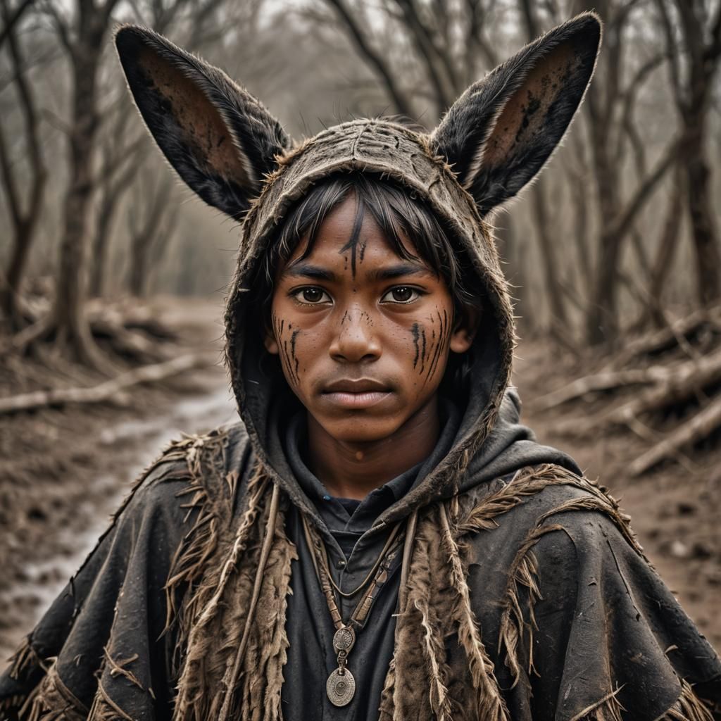 Tribal Boy with Rabbit Ears in Hyperrealistic Style