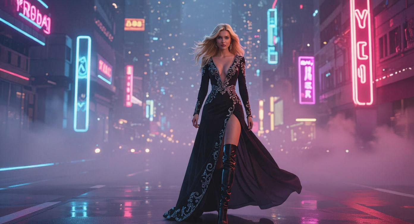 Woman in Gown Walks Toward Camera in Cyberpunk Style