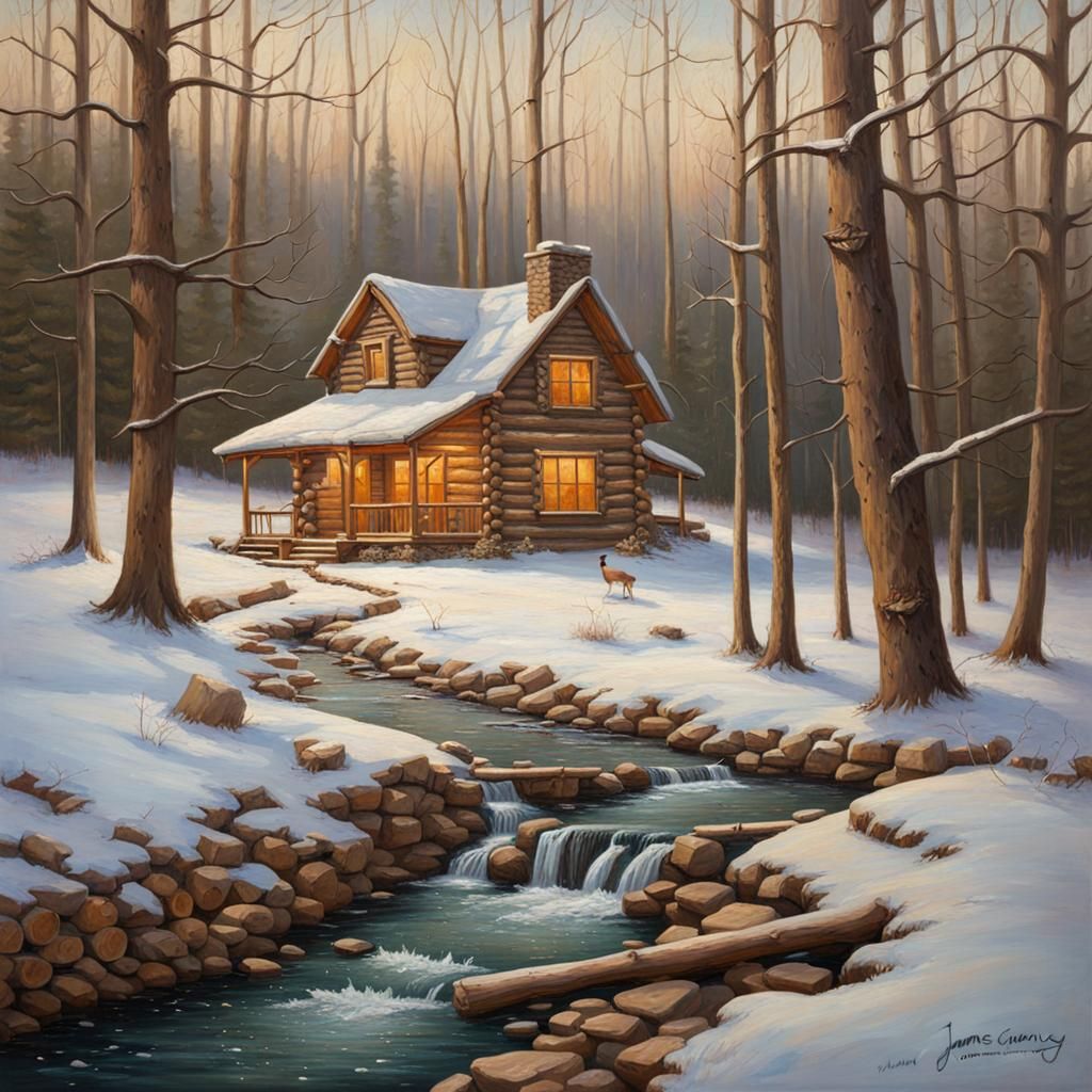 Winter Cabin by Stream: Gurney-Inspired Oil Painting