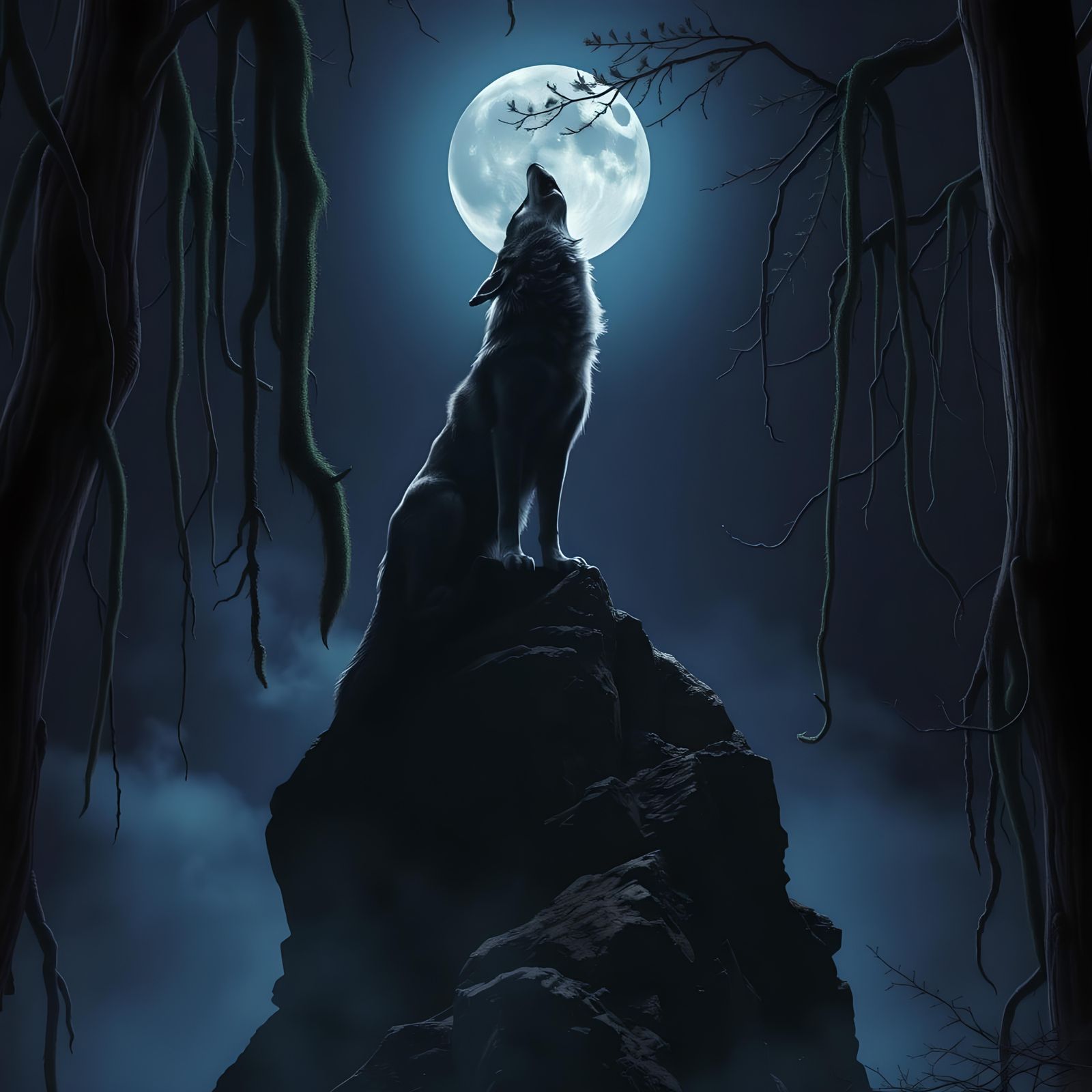 Wolf Howling in Dark Forest: Noir Mystique Realism