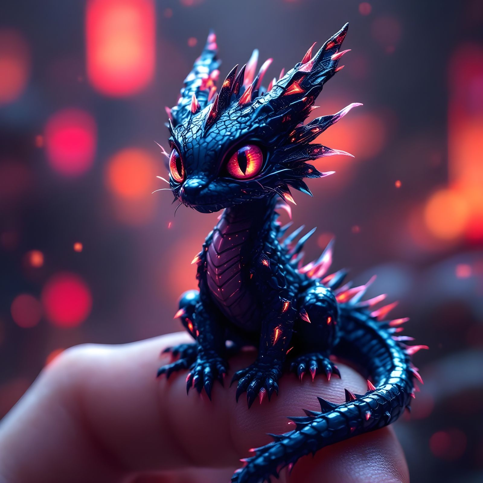 Cyberpunk Dragon on a Fingertip in Photorealistic Style