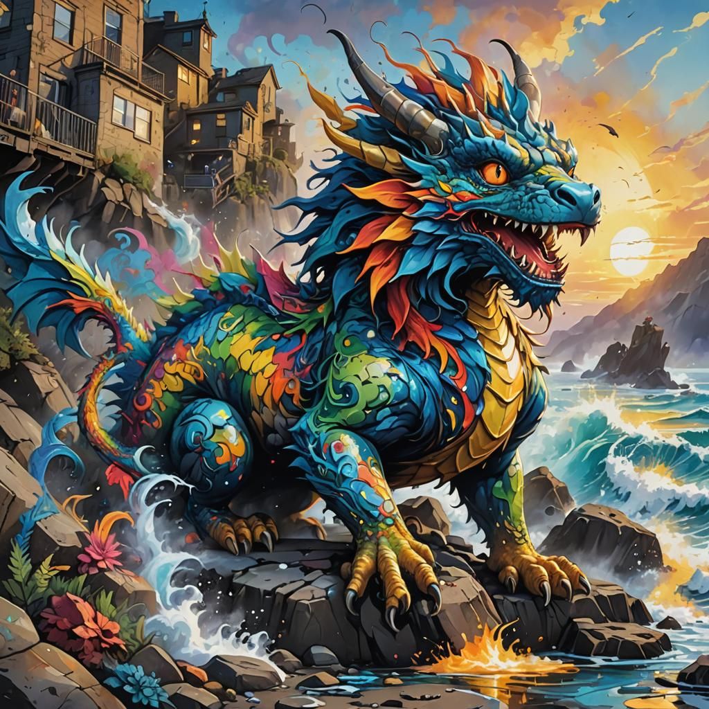 Feathered Dragon Kitty Graffiti Art on Coastline