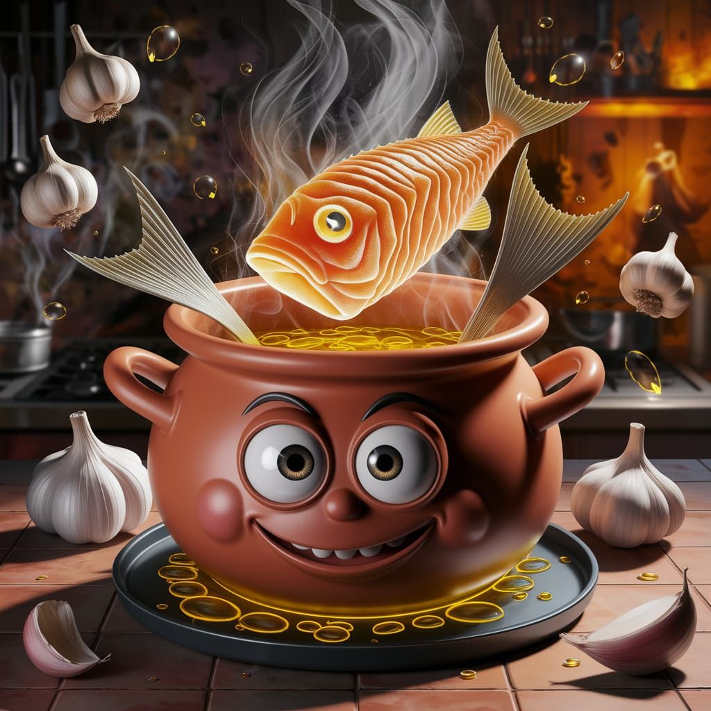 Surreal Kitchen Scene with Animated Clay Pot and Glowing Fis...
