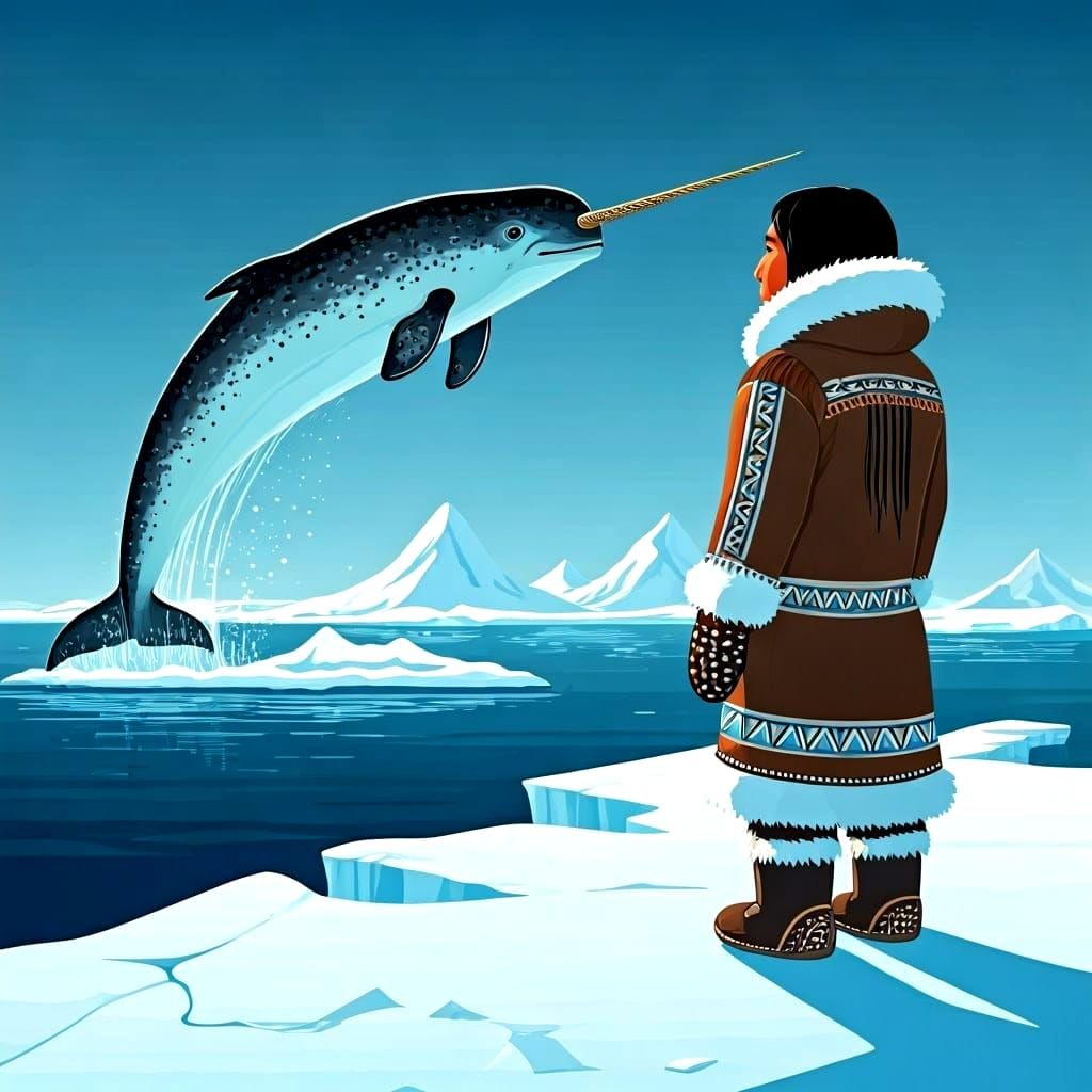 Arctic Whale Hunter and Breaching Narwhal