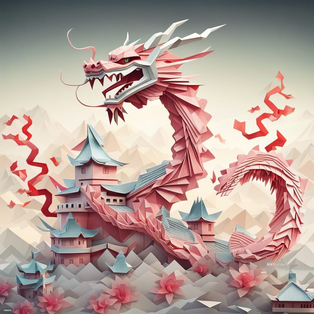 Origami Dragon Curled Around Chinese Castle