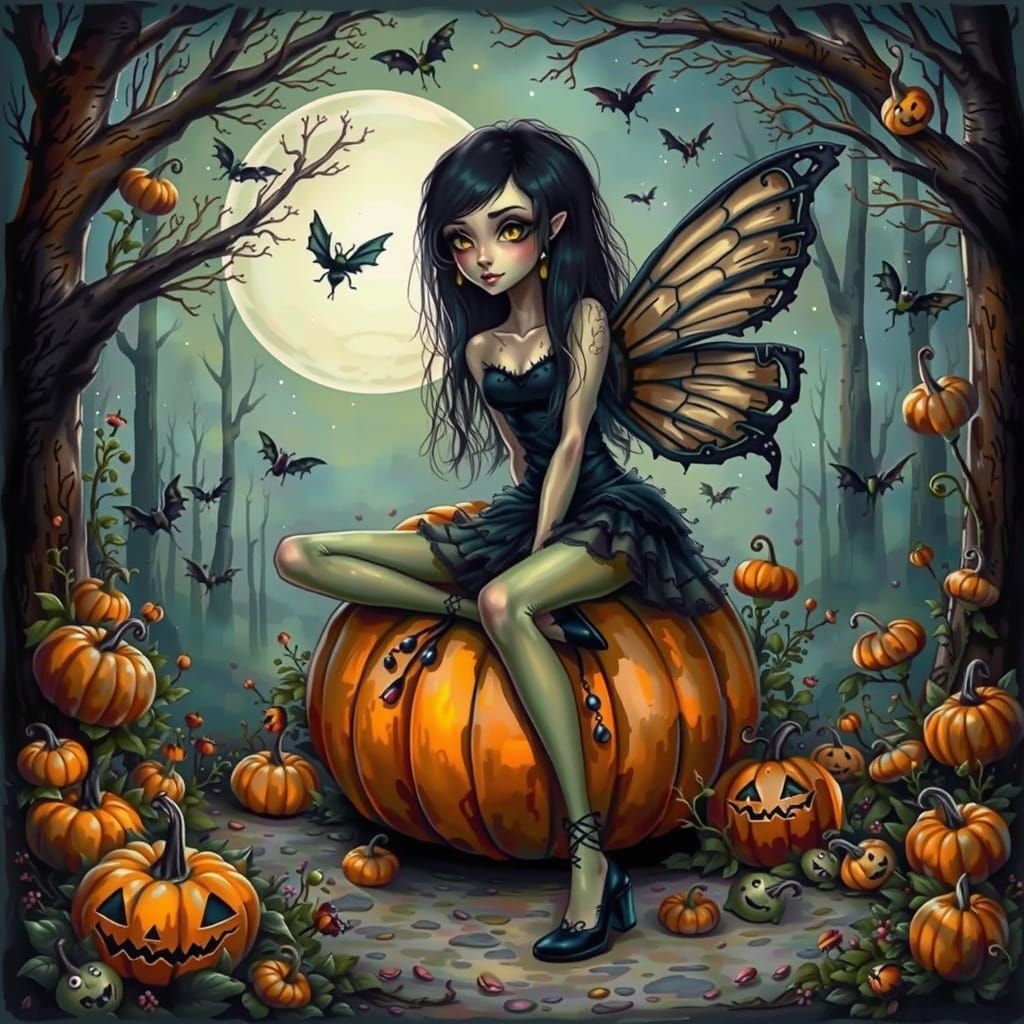 Halloween Fairy Perched on Giant Pumpkin