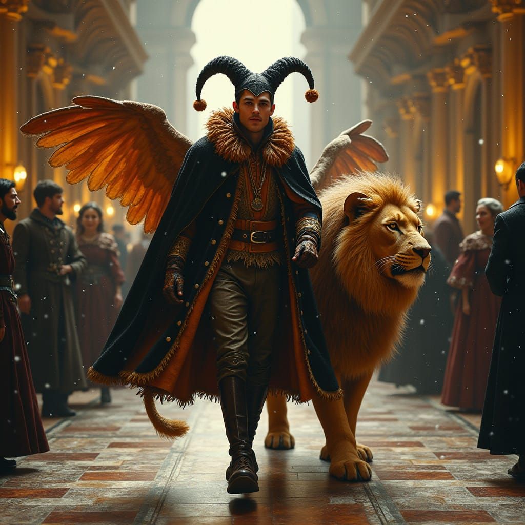 Majestic Jester Strides Through Renaissance Square
