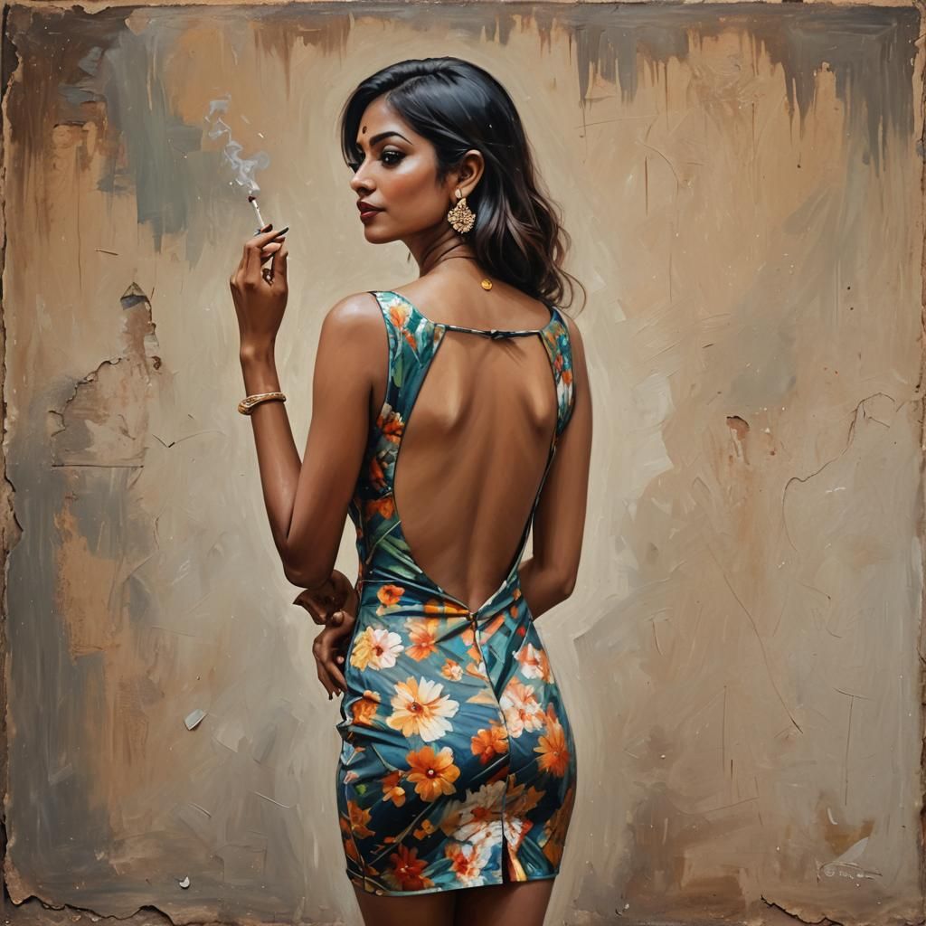 Beautiful Indian Woman Smoking: Oil Painting Style