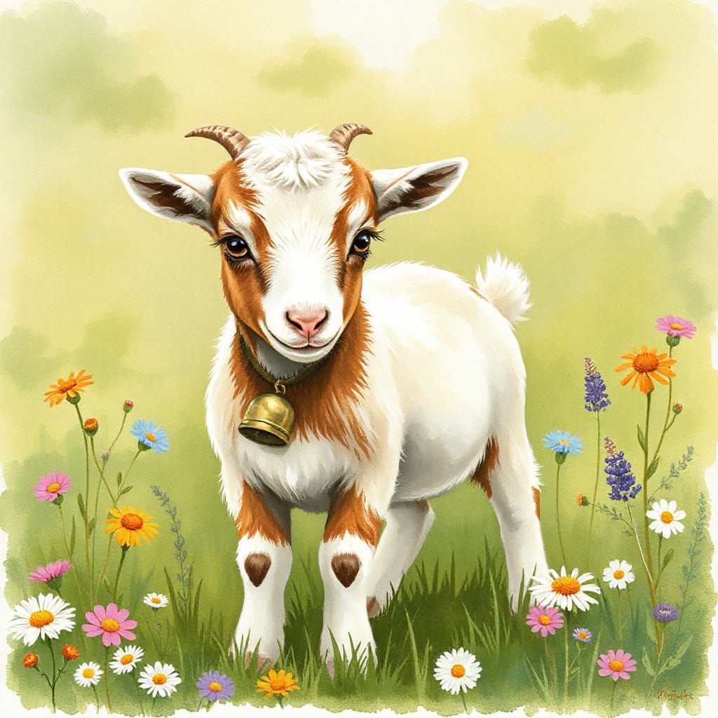 Whimsical Goat in a Colorful Meadow