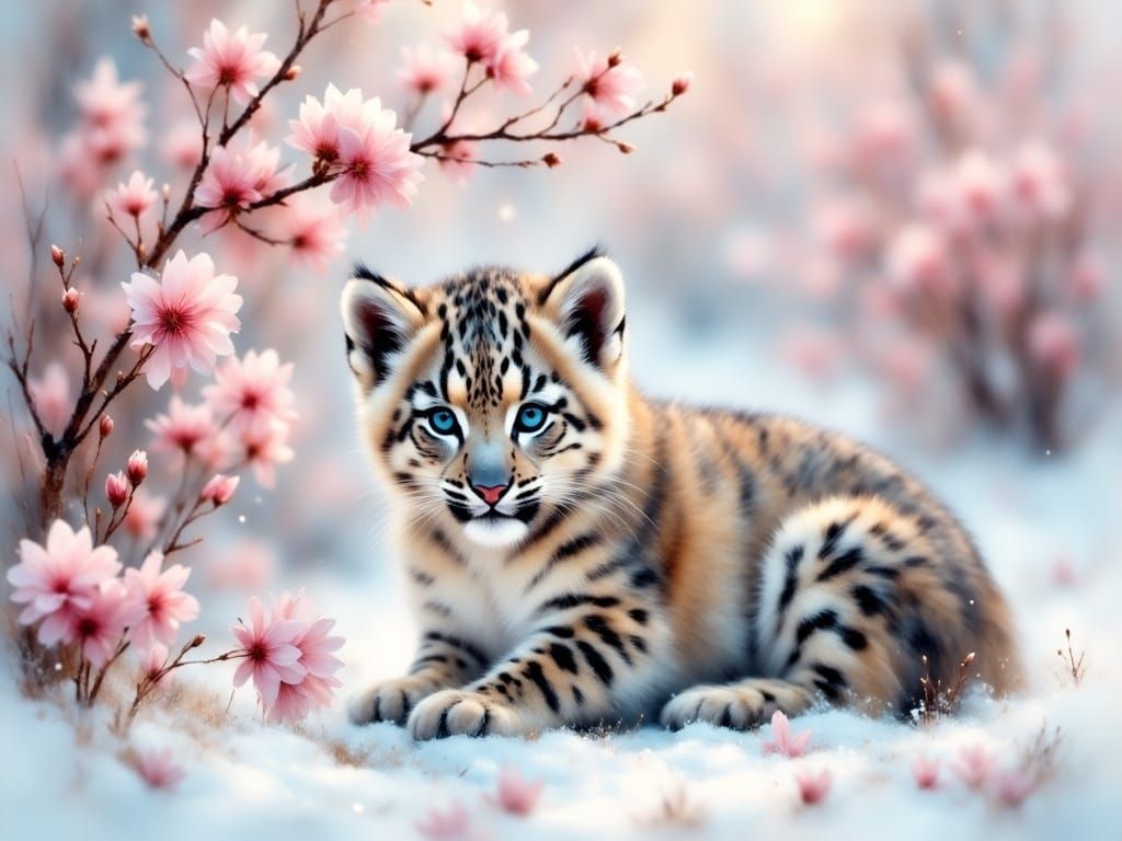 Charming Snow Leopard Cub in a Winter Wonderland