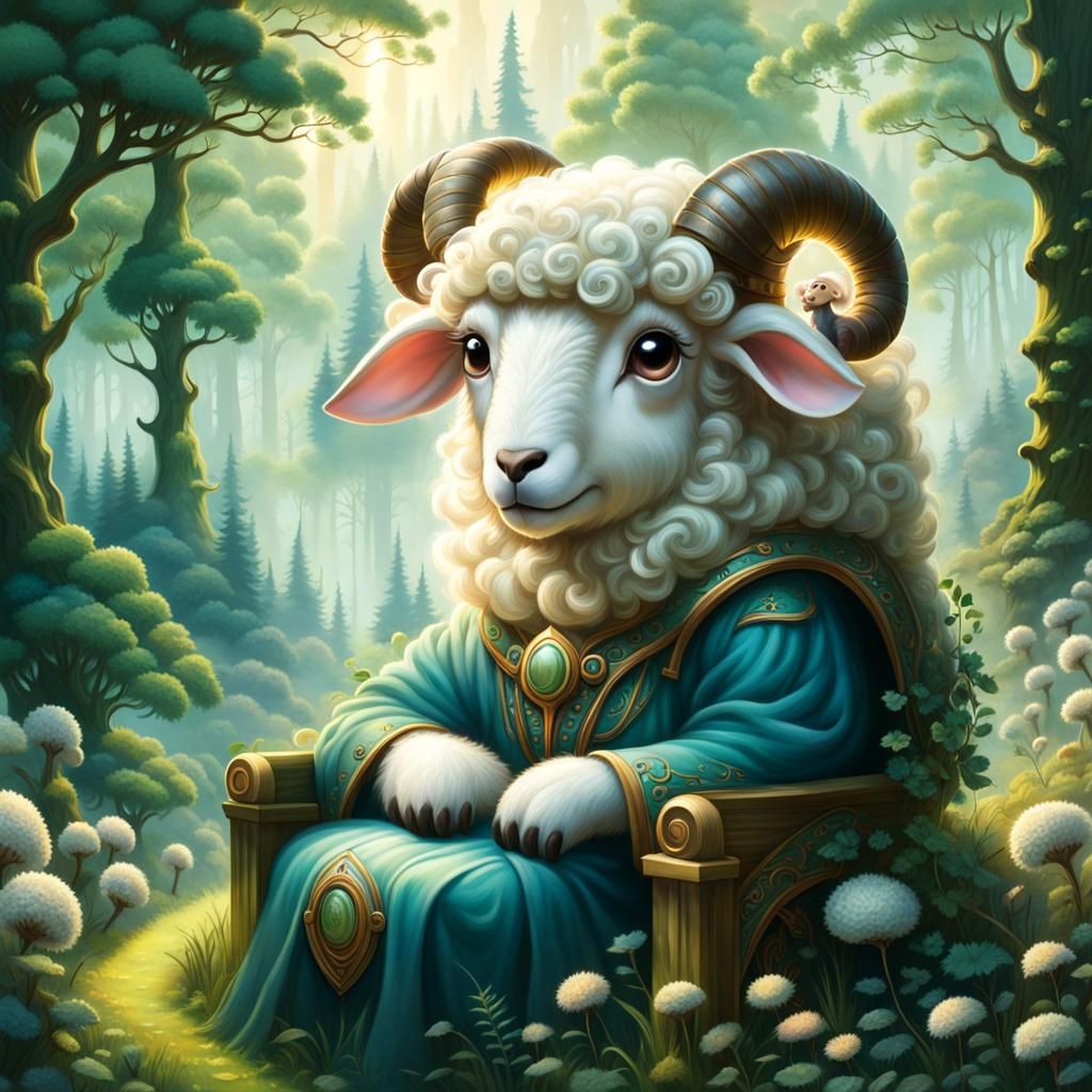Chibi Sheep in Woodland, Fantasy Style