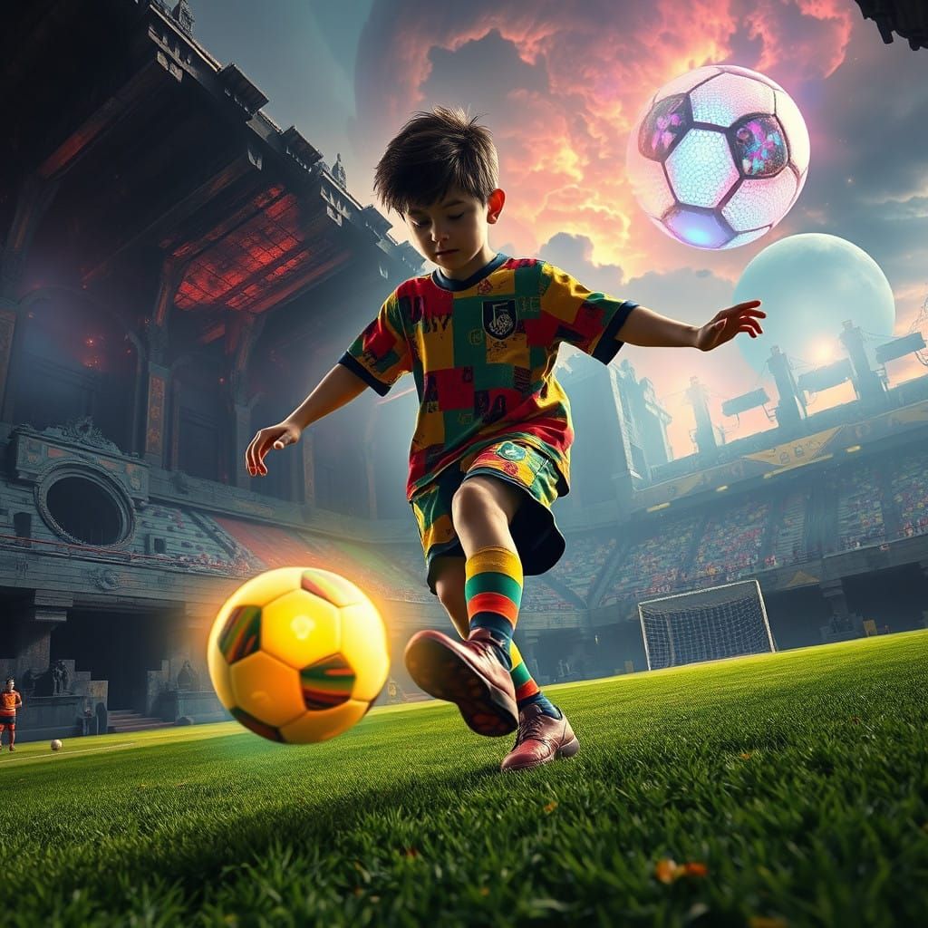 Young Soccer Player Kicks Glowing Ball in Surreal, Dreamlike...