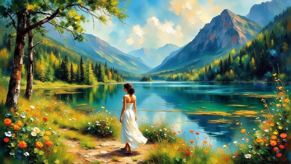 Woman by Serene Mountain Lake in Impressionist Style