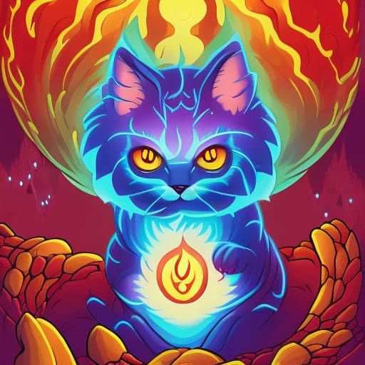 Glowing Lava Kitten in Volcano, Cel-Shaded Illustration
