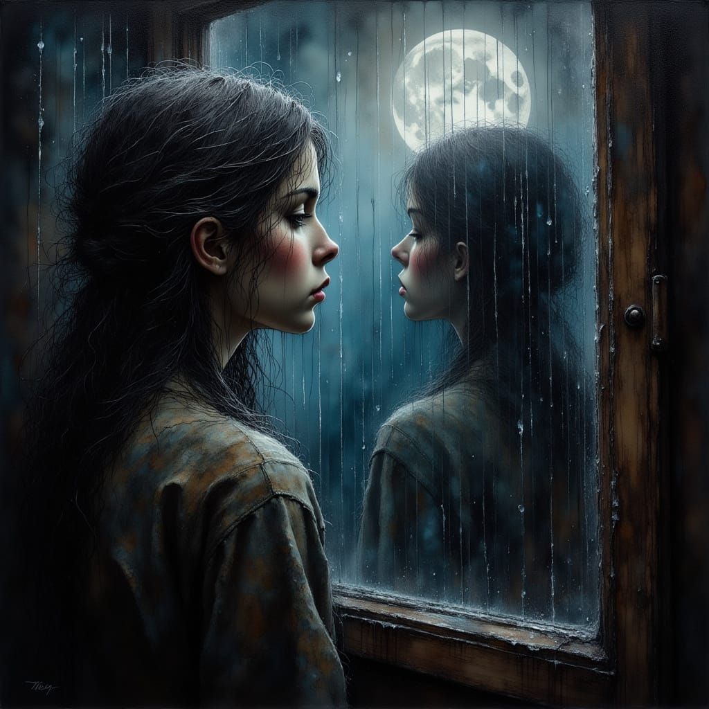 Yearning Figure by Moonlight in Oil Painting