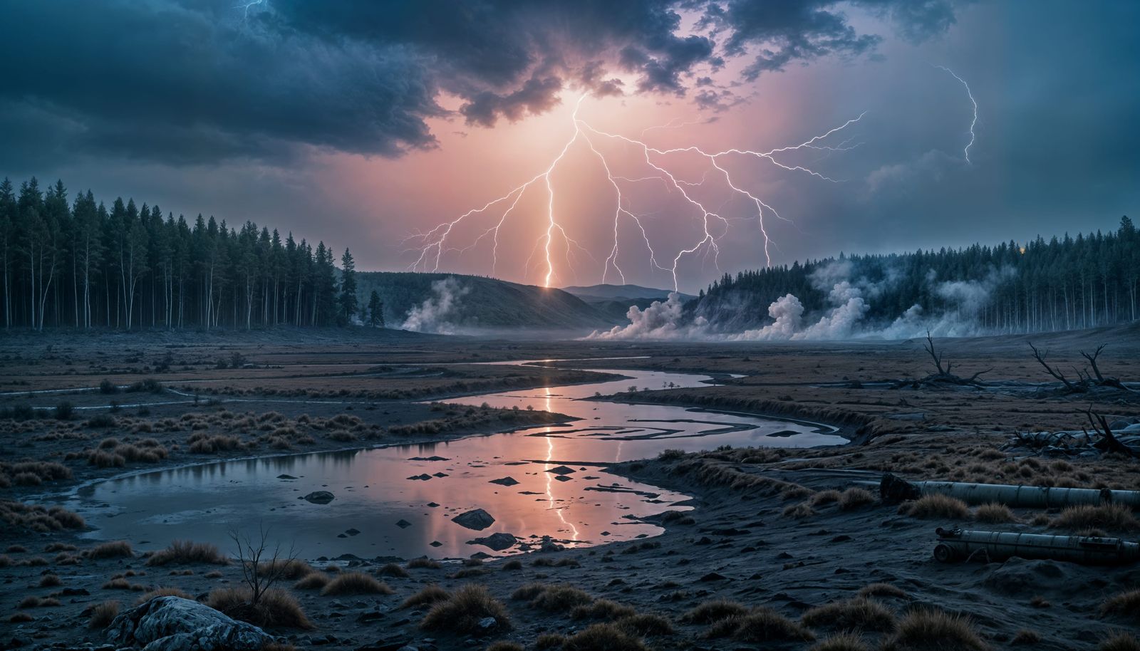 Post-Apocalyptic Landscape with Acid Rain and Lightning
