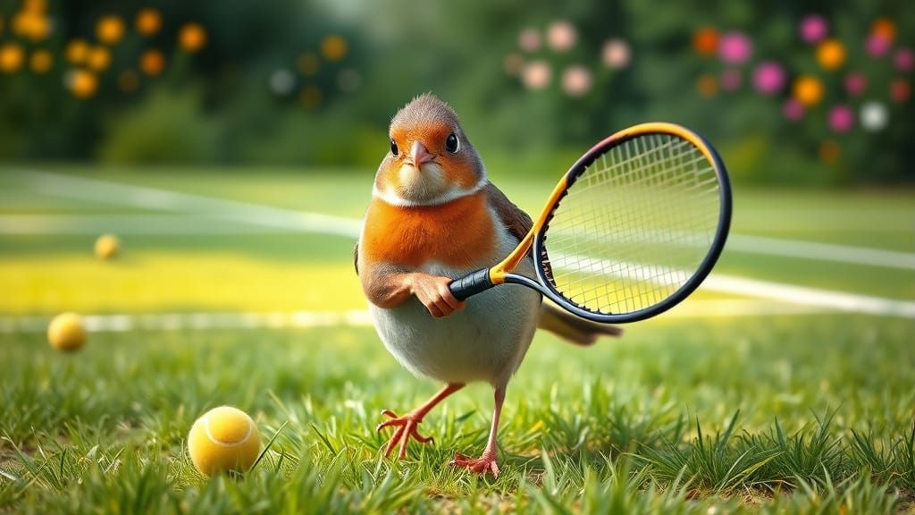 Robin Plays Tennis in Storybook Illustration