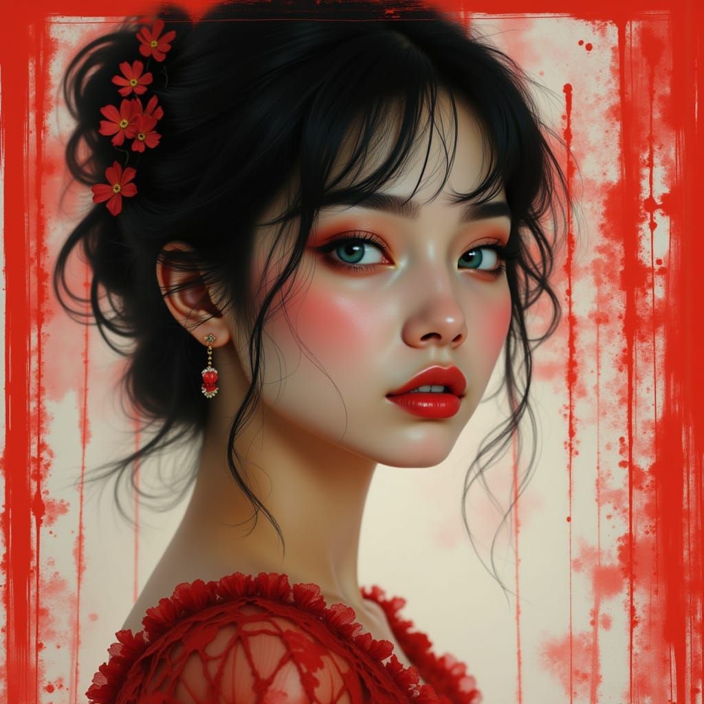 young woman with a heart-shaped face, delicate features, and...