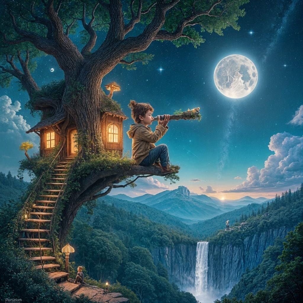 Boy, Telescope, and Treehouse Under Moonlight