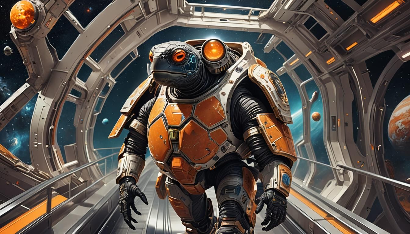 Astral Turtle Astronaut Ascends to Jupiter Spaceship