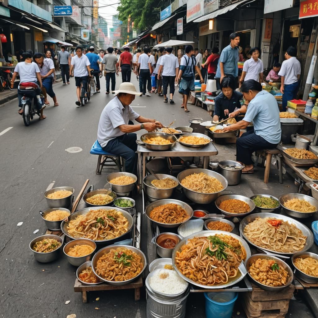 Pad thai seller on a bustling street in Bangkok