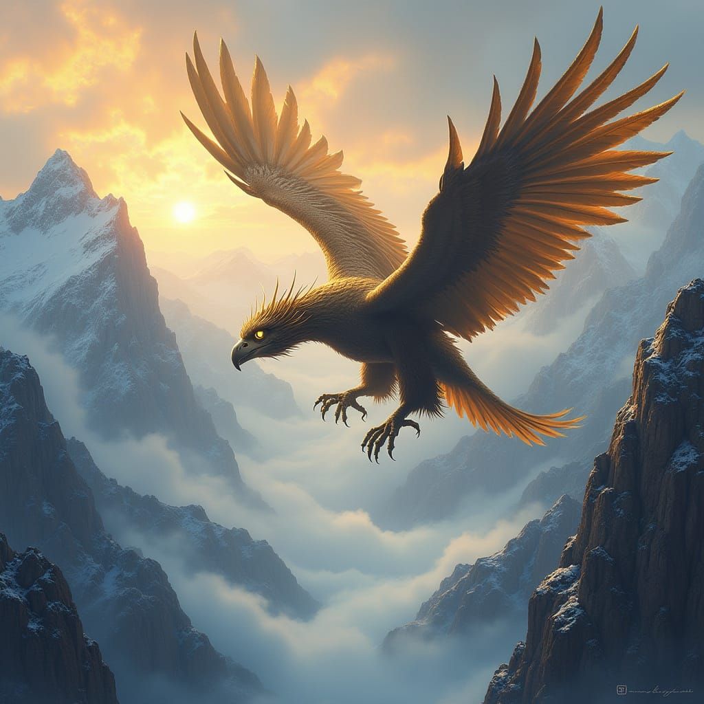Epic Fantasy Griffin Soars Over Misty Mountains in Golden Da...
