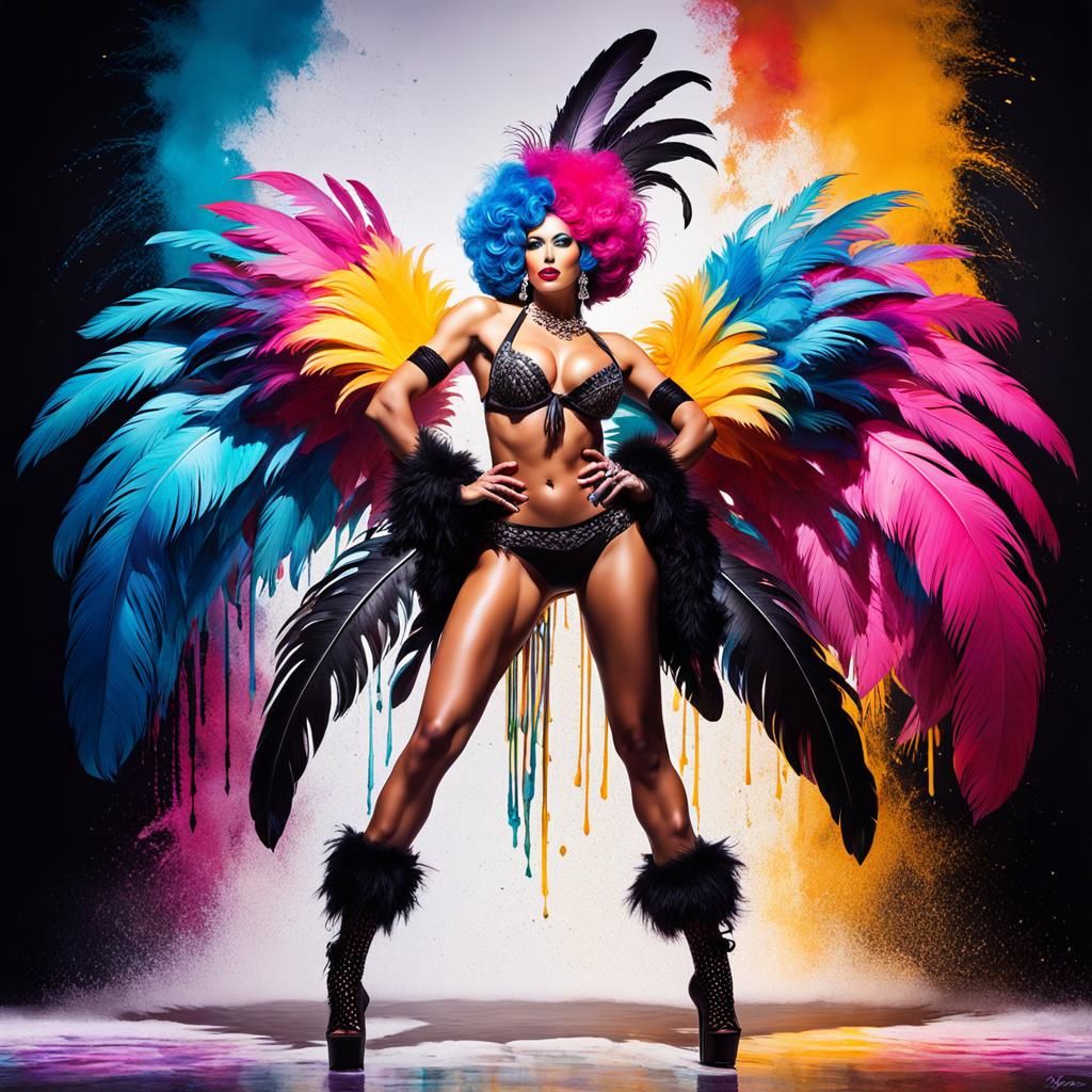 Feathered Burlesque Dancer in Graffiti Street Art Style