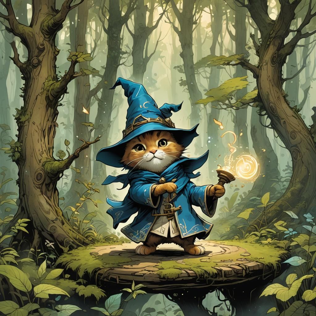 Chibi Wizard Cat Swirling Forest Magic